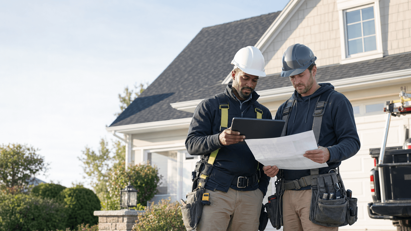 Roofing professionals reviewing measurements outside a home