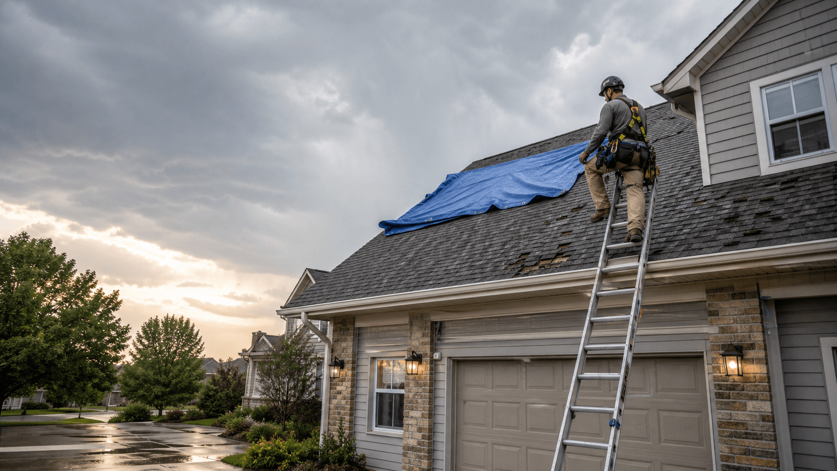 Emergency roof tarp and storm damage inspection